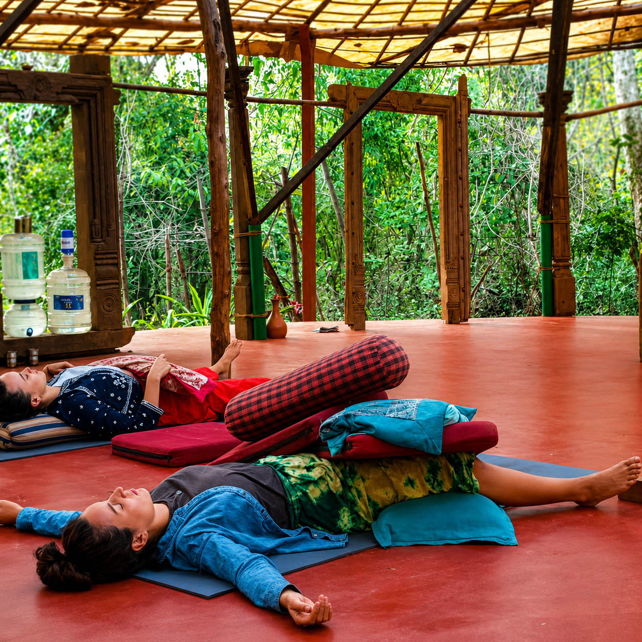 Group restorative practice resting on the shala floor