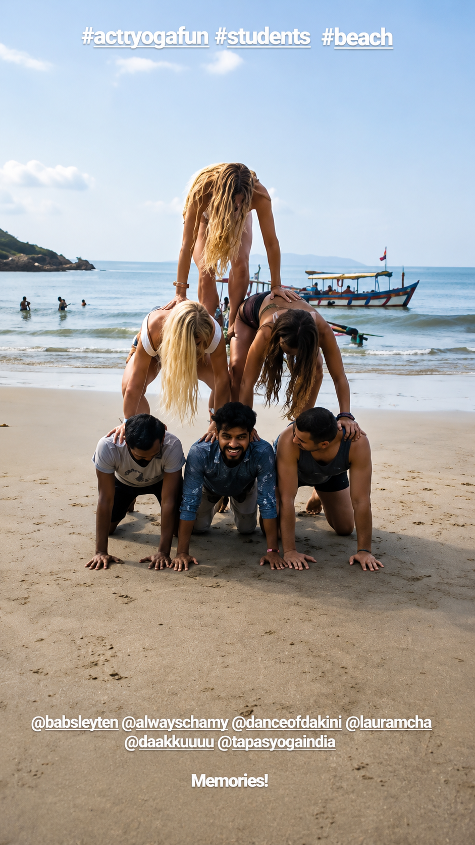 Group acro-yoga partner pose practiced together on the beach
