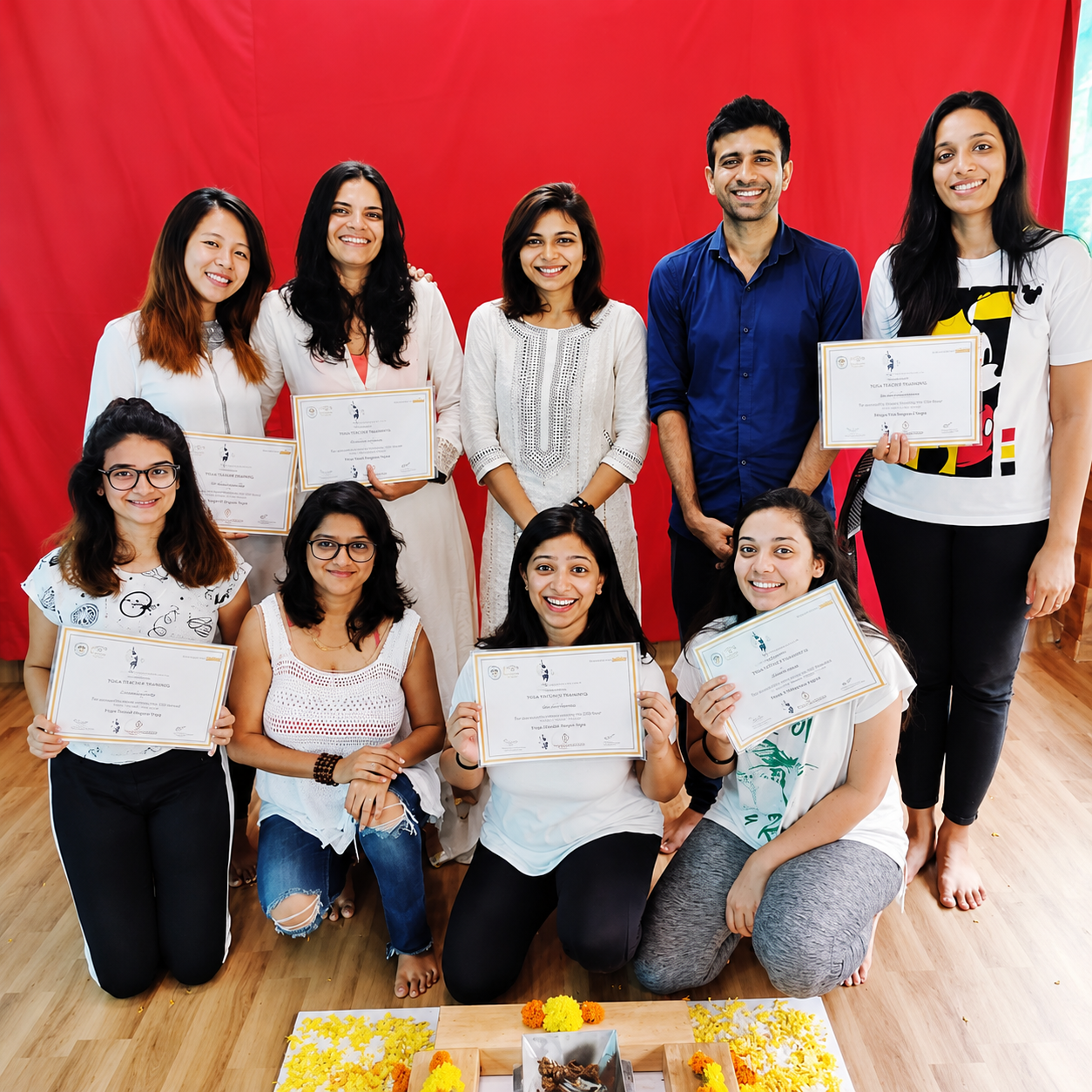 Graduating batch group photo holding certificates