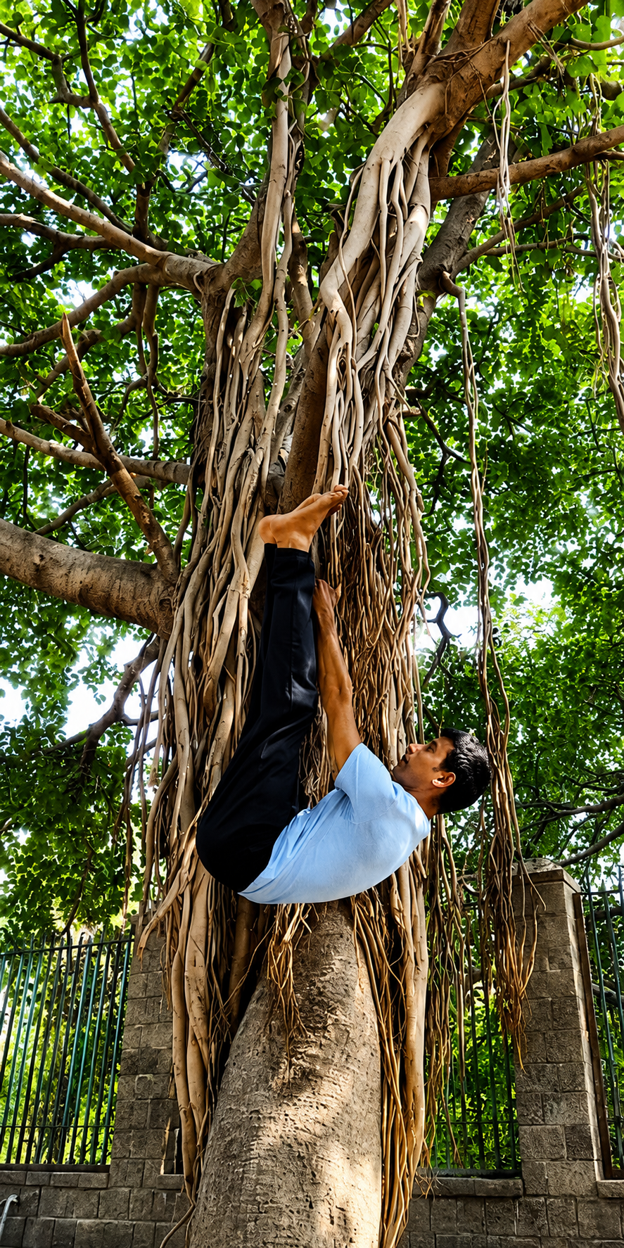Amogh Shinde practicing an inverted asana on a tree