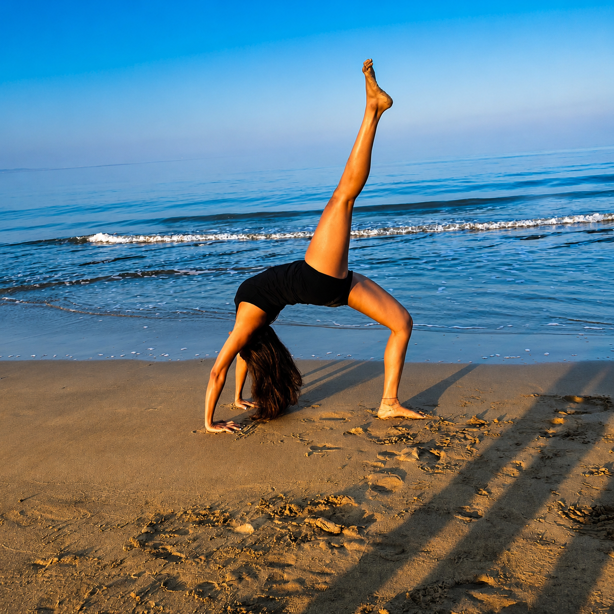 Kanika Karmakar in a backbend pose on the beach
