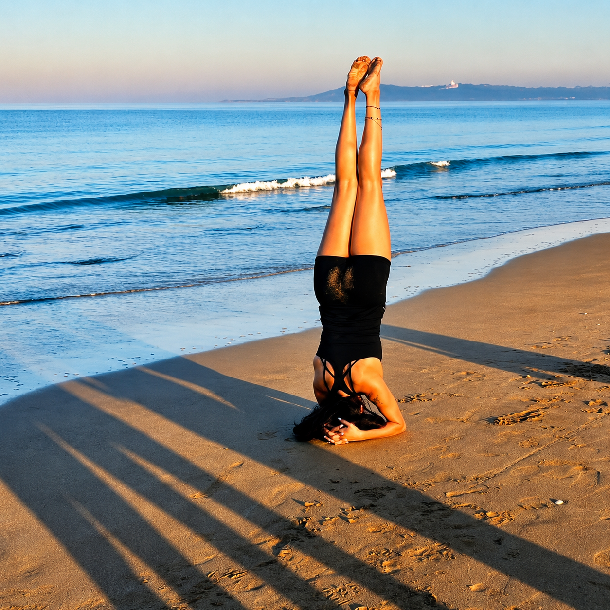Kanika Karmakar in a headstand pose on the beach
