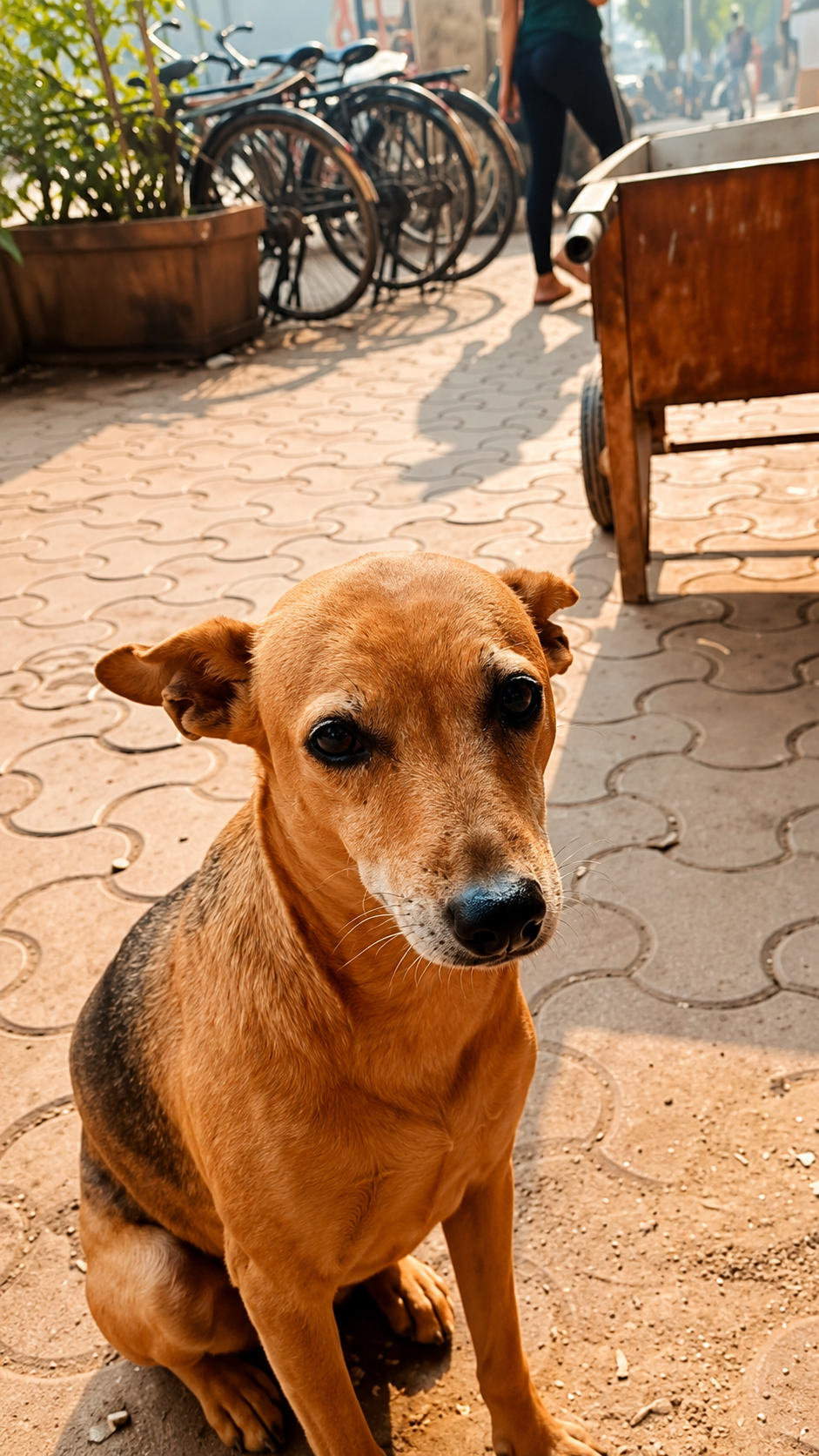 Street dog sitting and looking at the camera