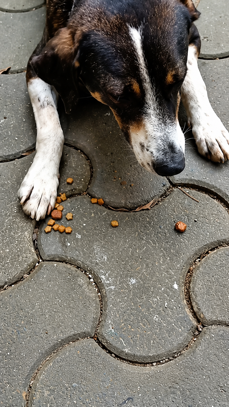 Dog resting with paws stretched out on the pavement