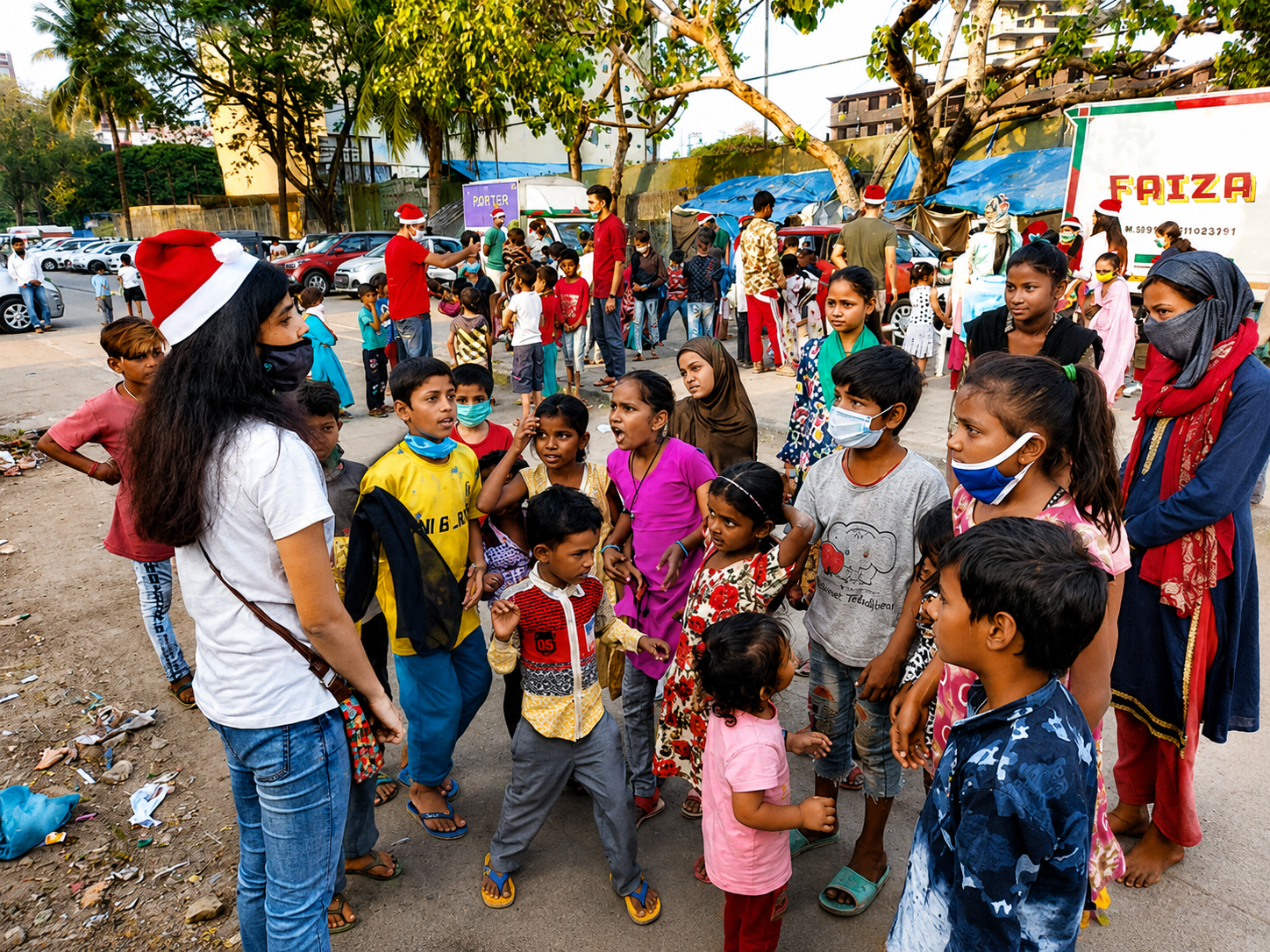 Children gathered around volunteers during an outreach event