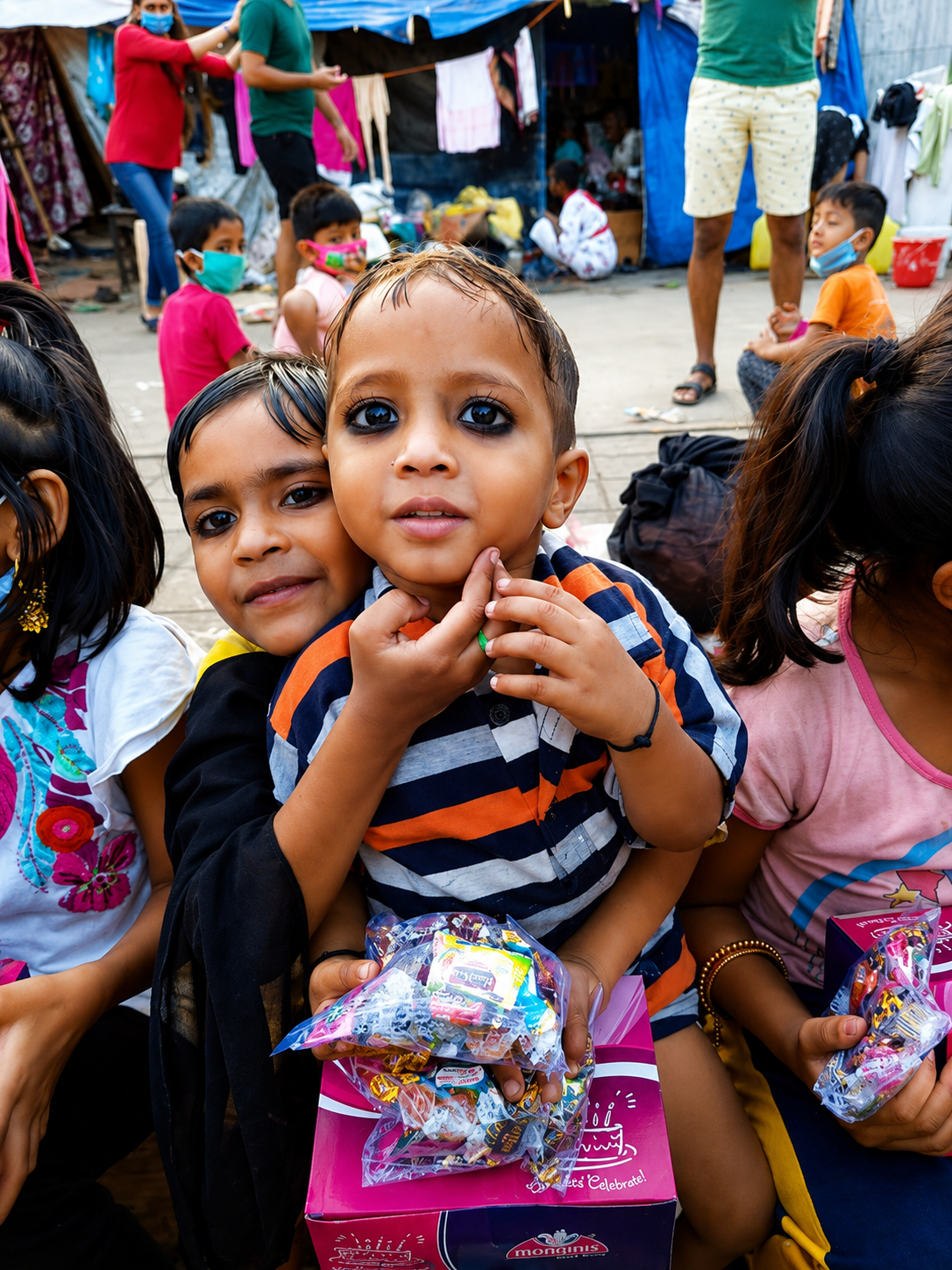 Volunteer interacting with children during a distribution drive
