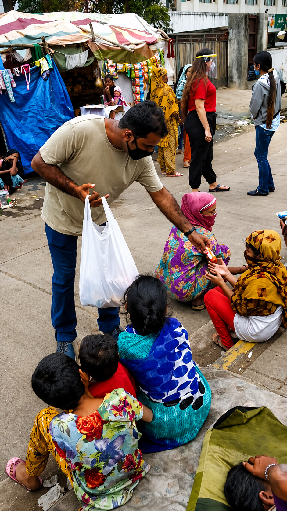 Volunteer handing out supplies to children on the street