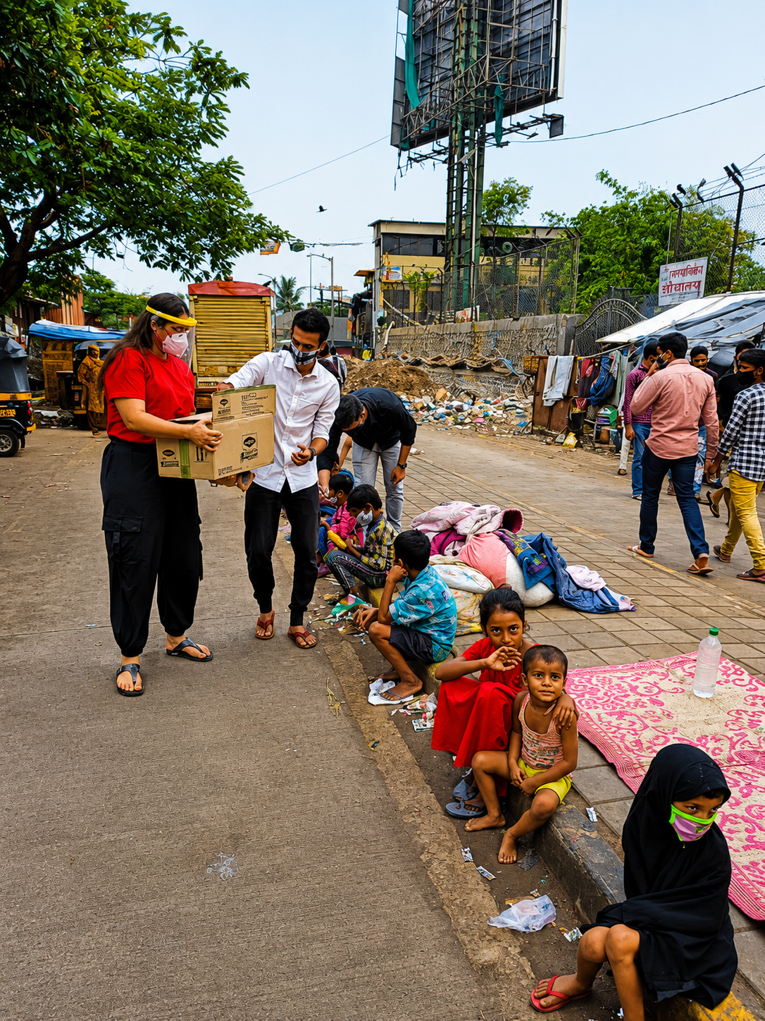 Volunteer walking with children during a community outreach