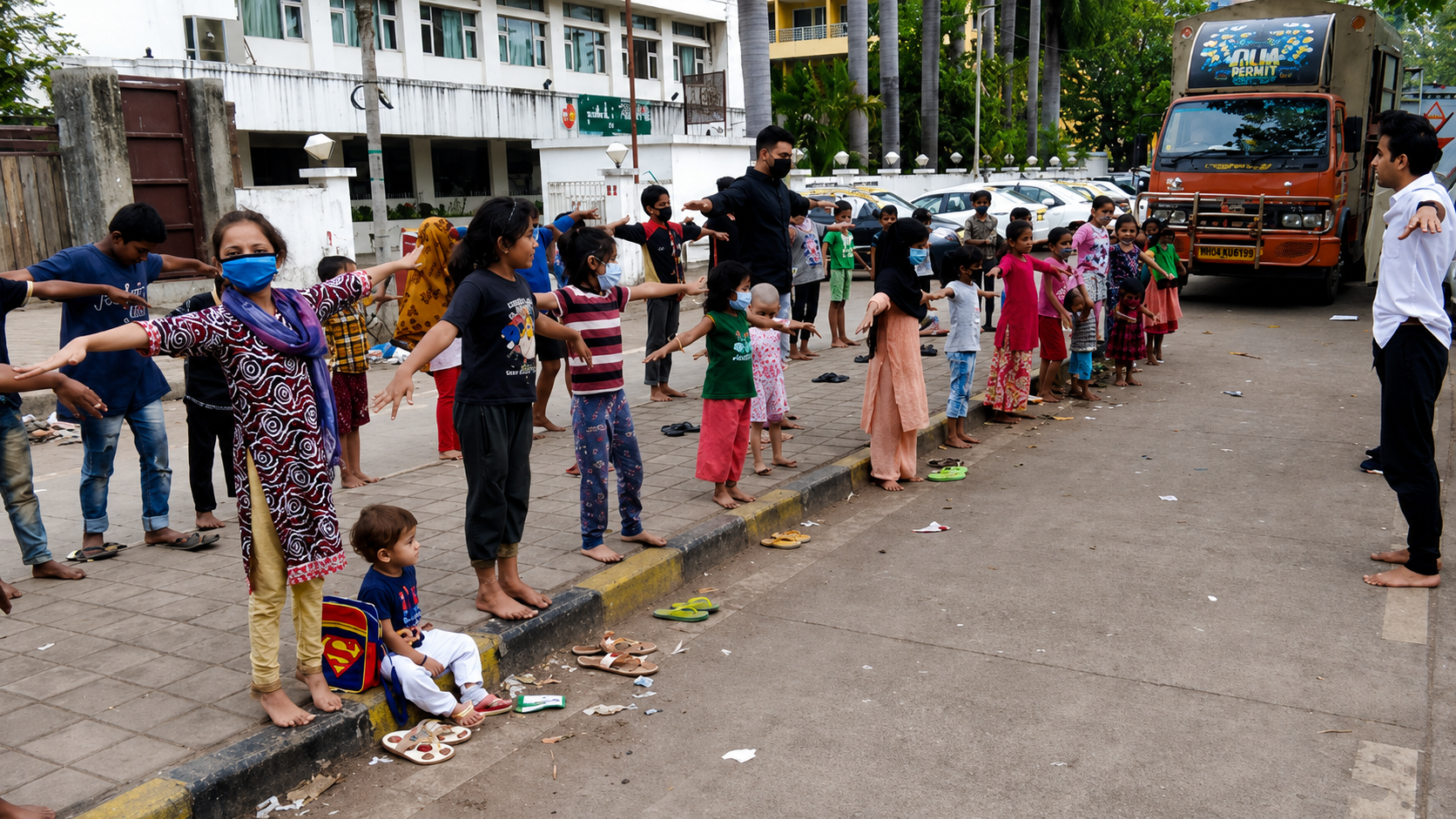 Volunteers standing together along a street during an event
