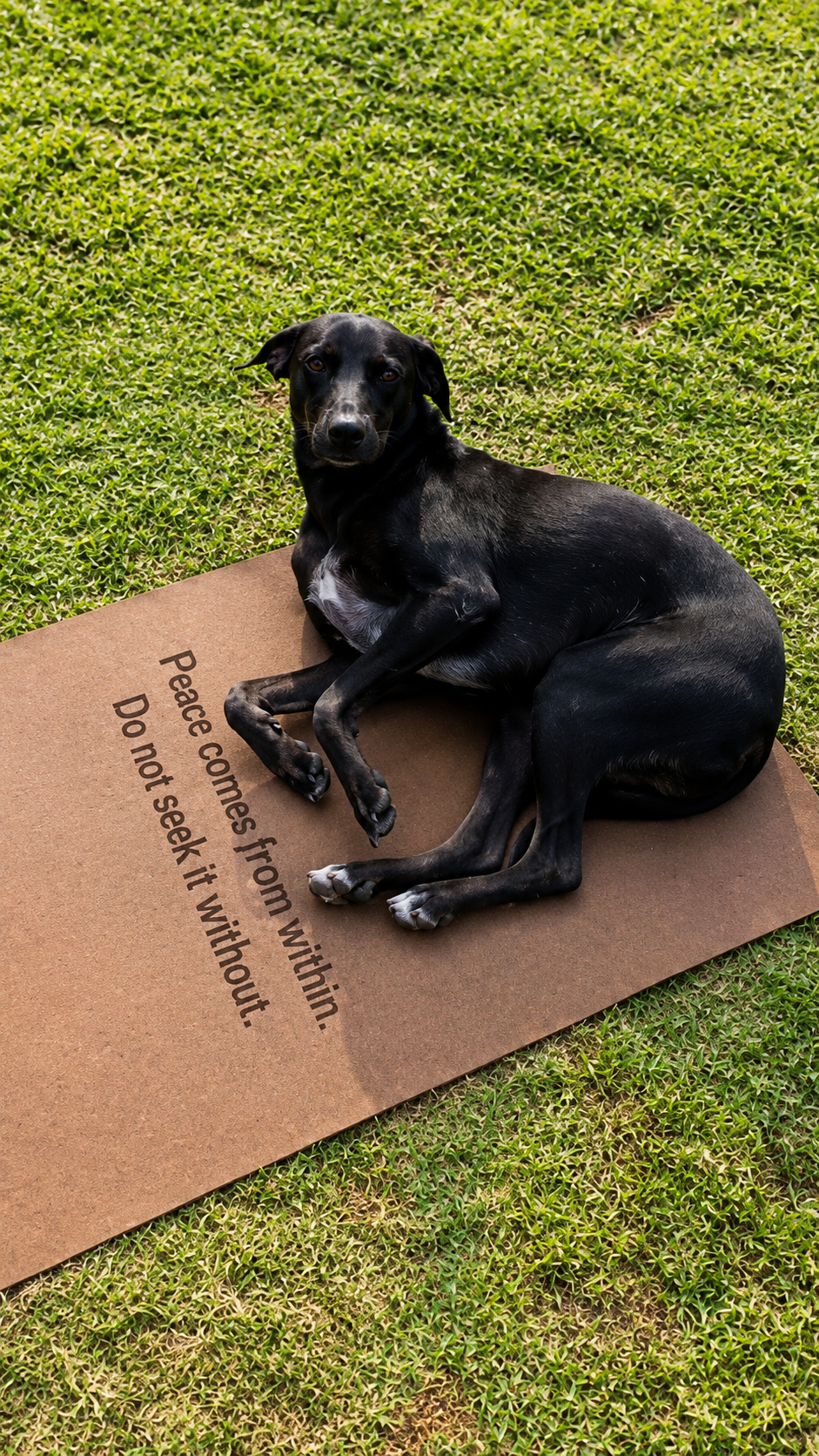 Rescued dog resting calmly on a mat outdoors
