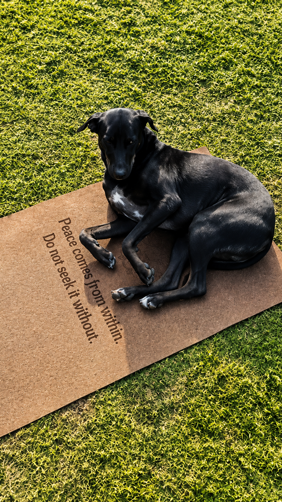 Rescued dog lying peacefully on a mat outdoors