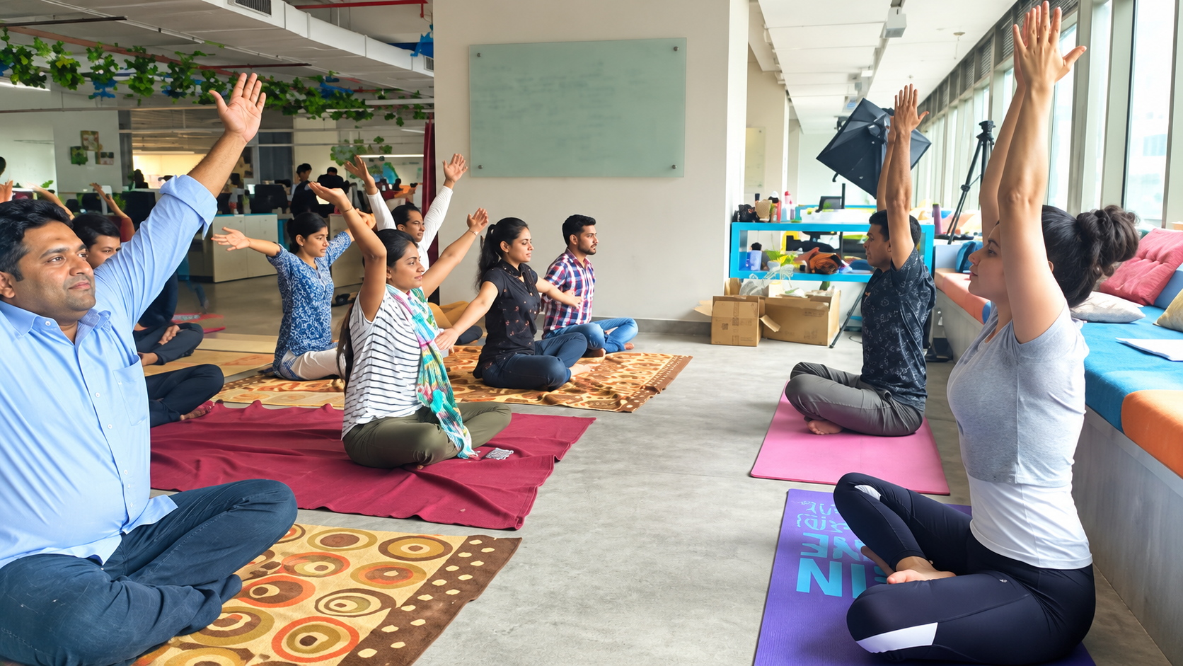 Group class seated together indoors with hands raised