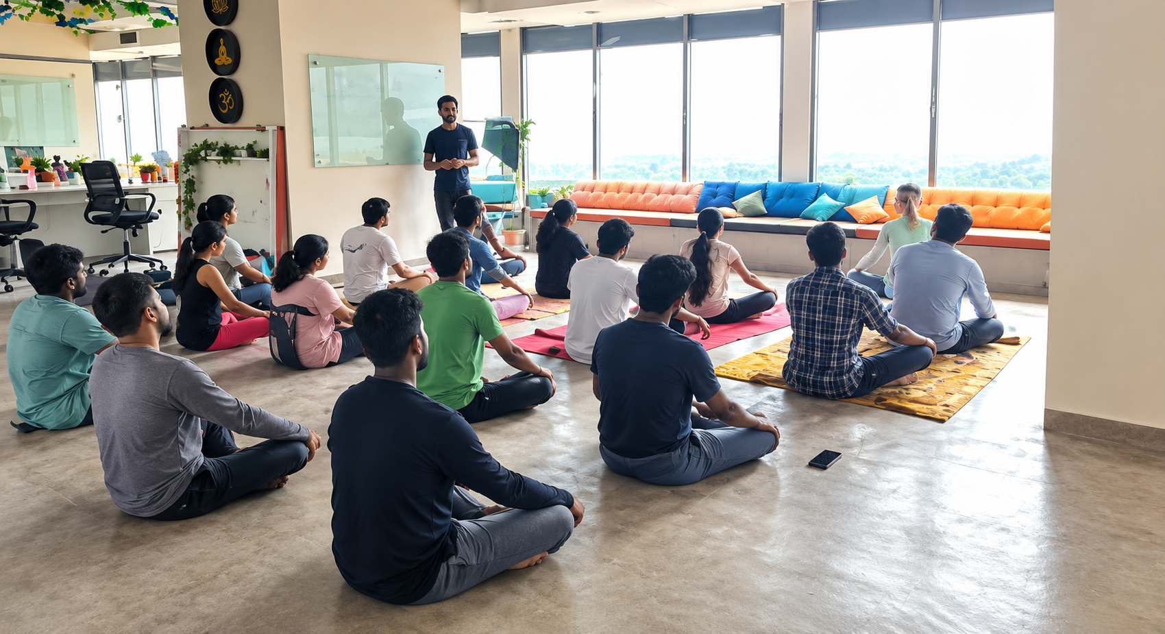 Group class seated together indoors, hands raised, wide view