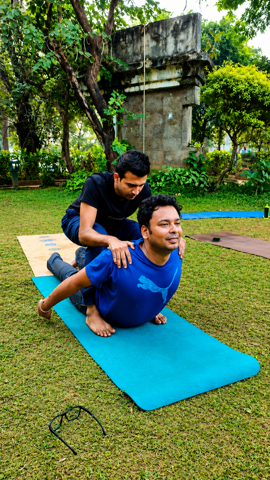 Instructor assisting a student with alignment outdoors