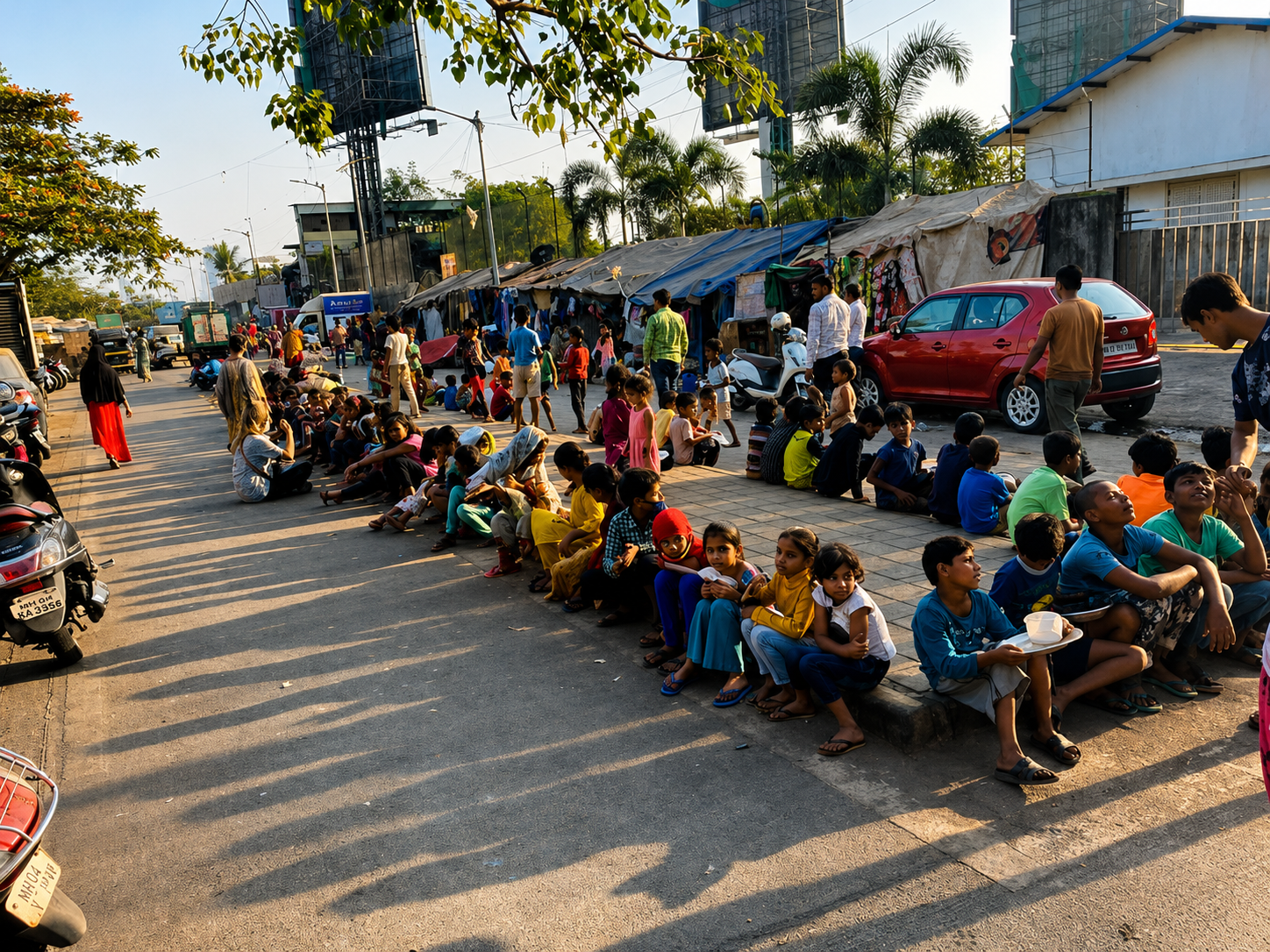 Outdoor community yoga session along a street