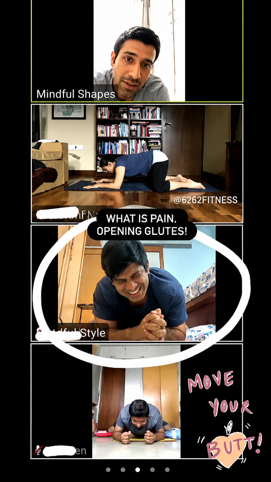 Live online class video call collage with multiple students practicing
