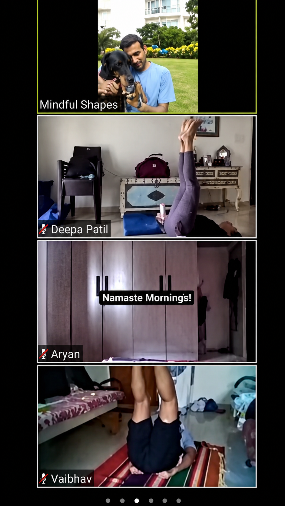 Live online class video call collage with the instructor demonstrating a pose