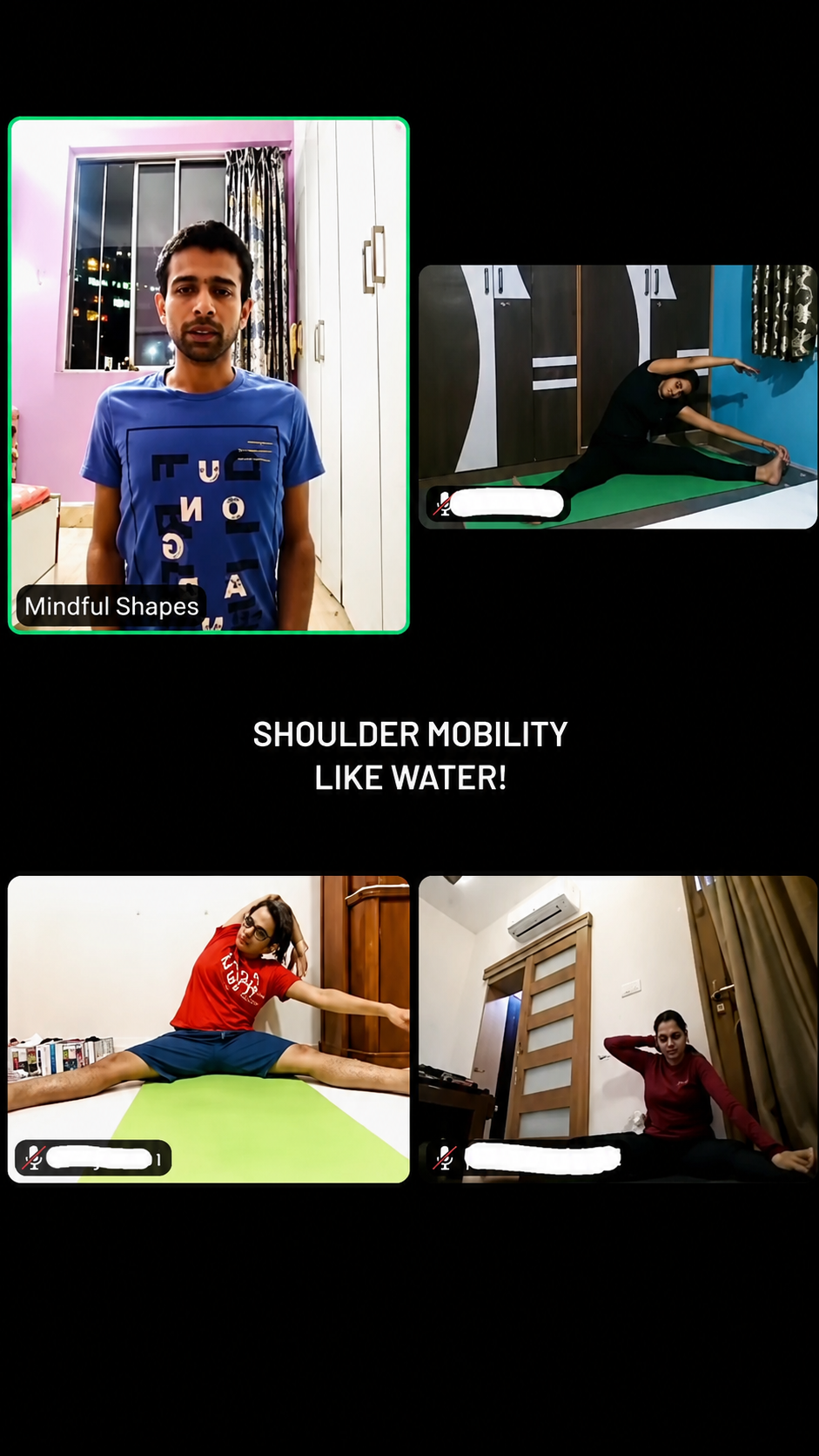 Live online class video call collage with a pose correction highlighted