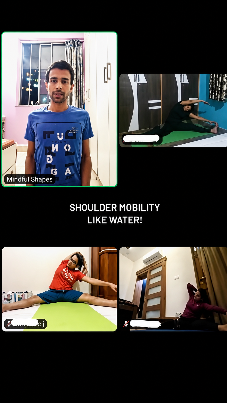 Live online class video call collage with a pose correction highlighted