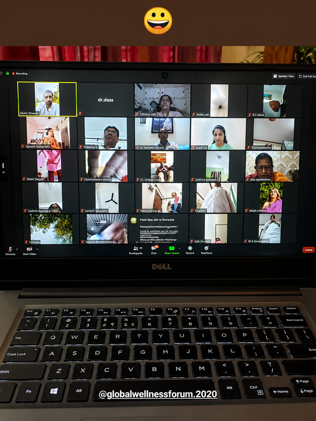 Laptop screen showing a full online class video call grid