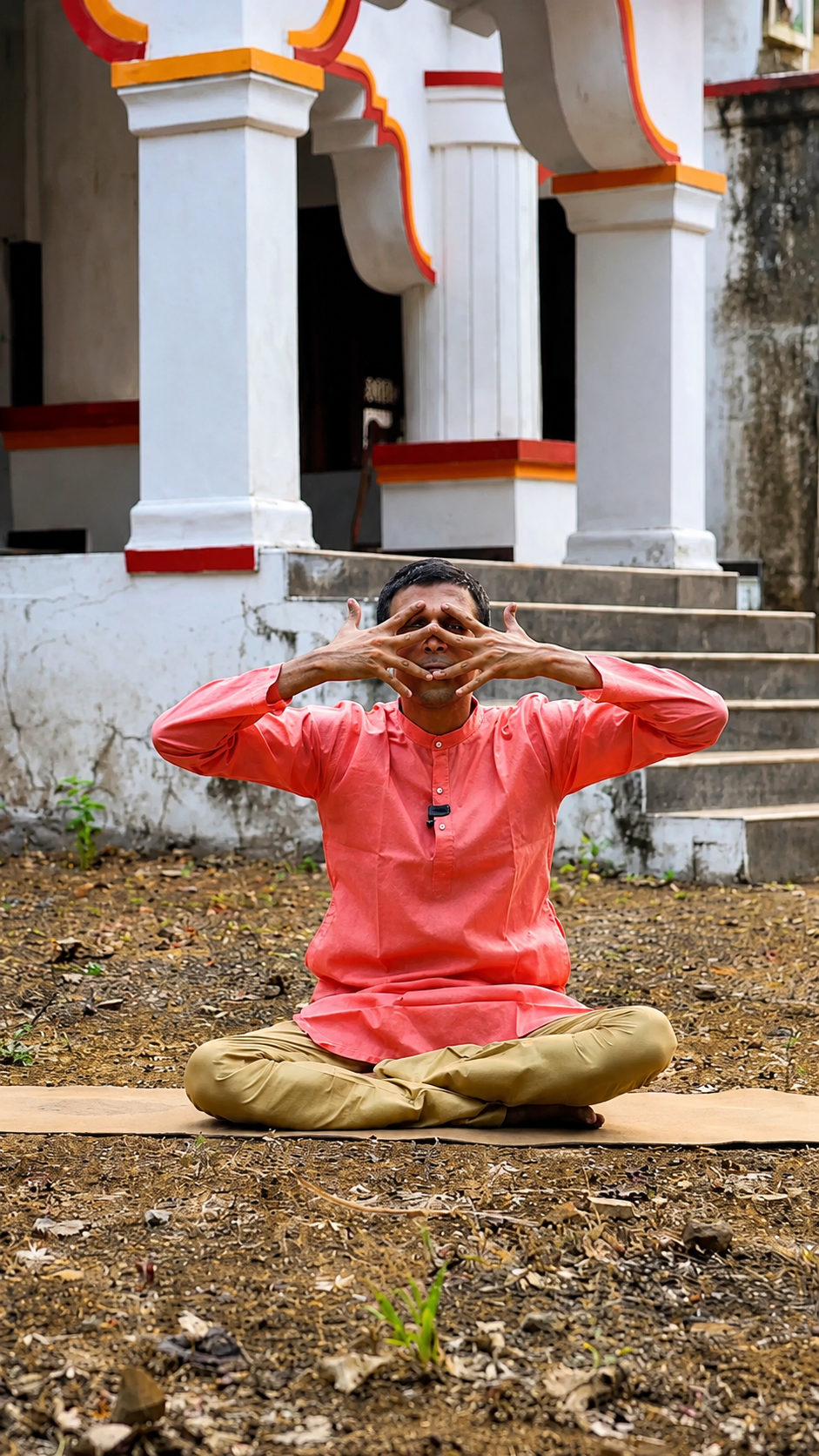 Participant practicing a seated breathing pose outdoors