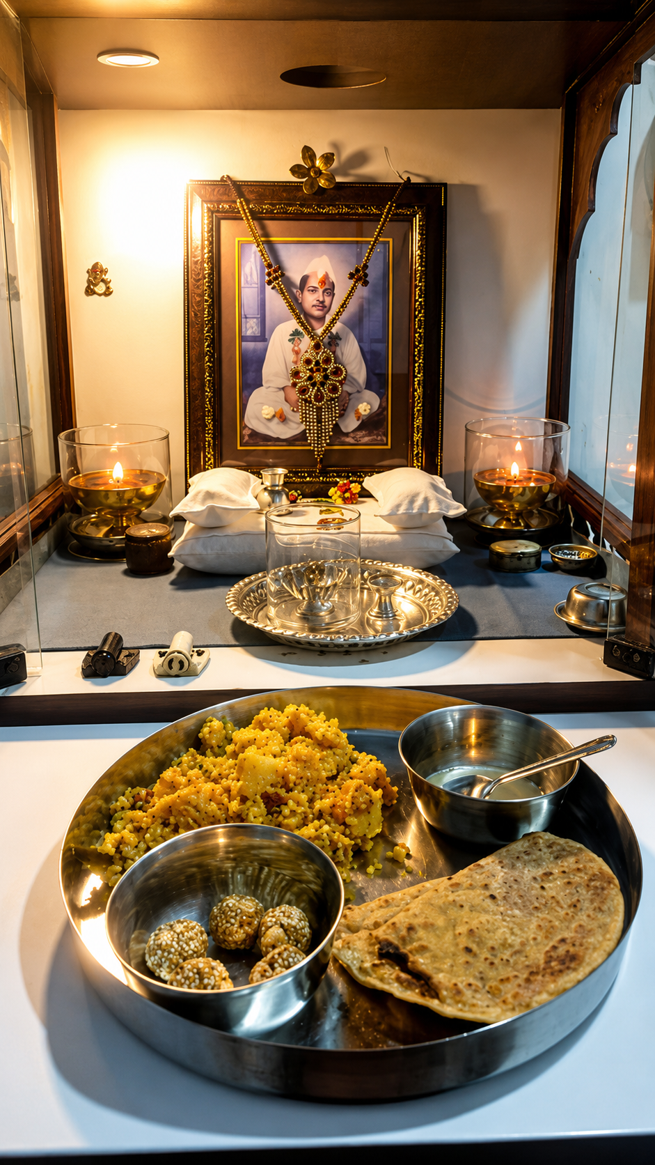 Puja plate with food offerings on the altar